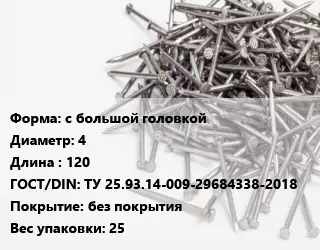 Гвоздь с большой головкой 4х120 ГОСТ: ТУ 25.93.14-009-29684338-2018 без покрытия 25